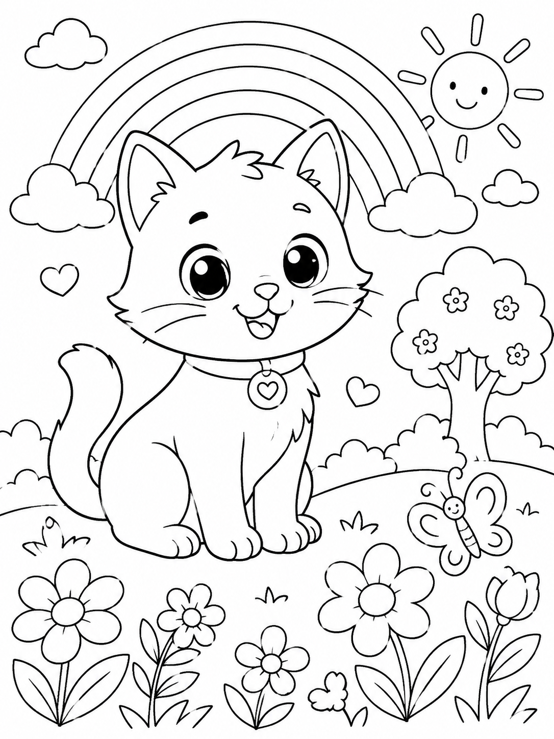 Desenho para colorir de gatinho no jardim