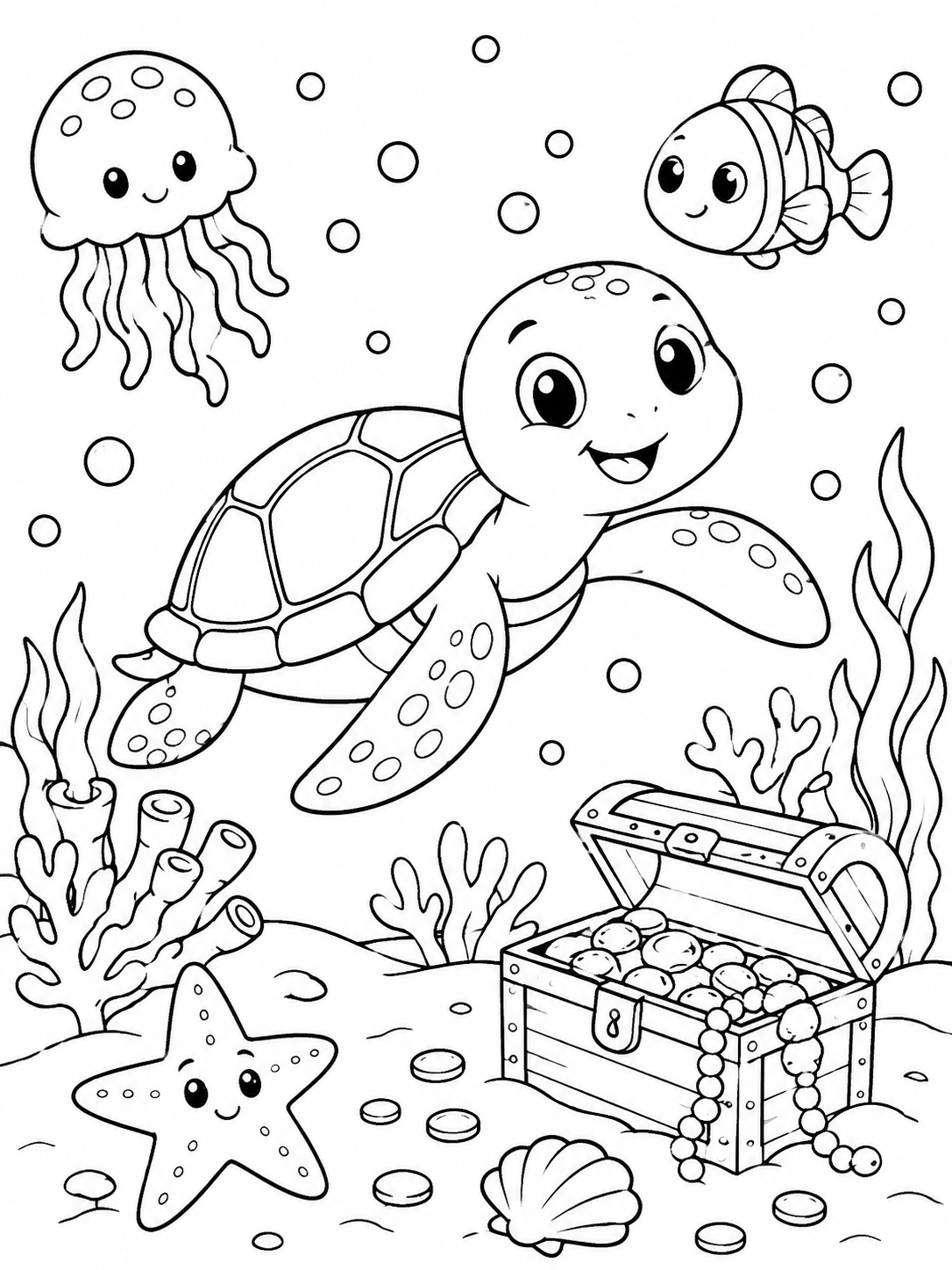 Desenho para colorir de tartaruga no fundo do mar